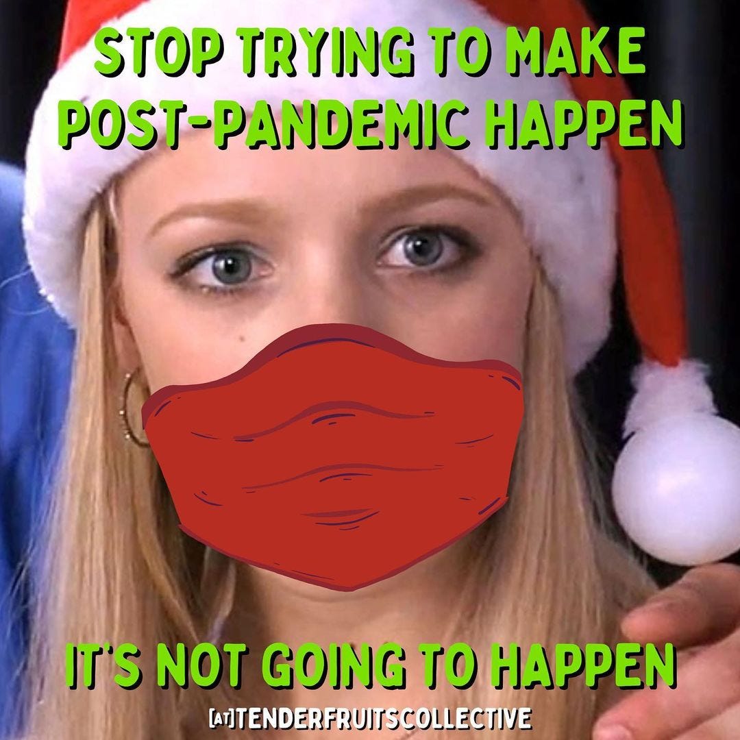 a screenshot of Regina George from Mean Girls that is used to create the “stop trying to make fetch happen, it’s never going to happen!” Meme. Regina is wearing a red Santa hat, and has an illustrated, red, face mask over her face. Green text above and below her face reads “stop trying to make post-pandemic happen it’s not going to happen!”
