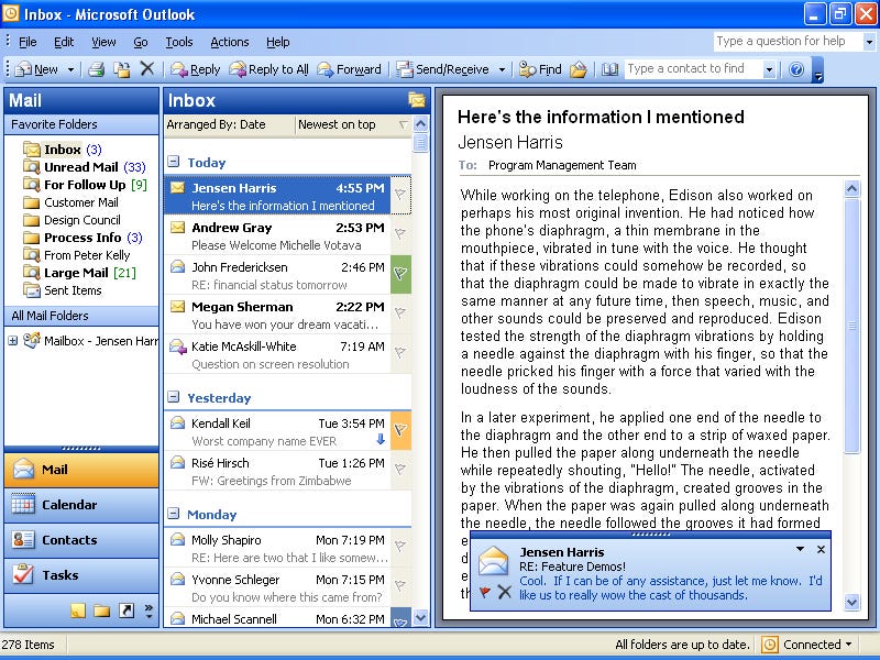 A screen shot of Outlook with a translucent new mail notification in the lower right of the screen.