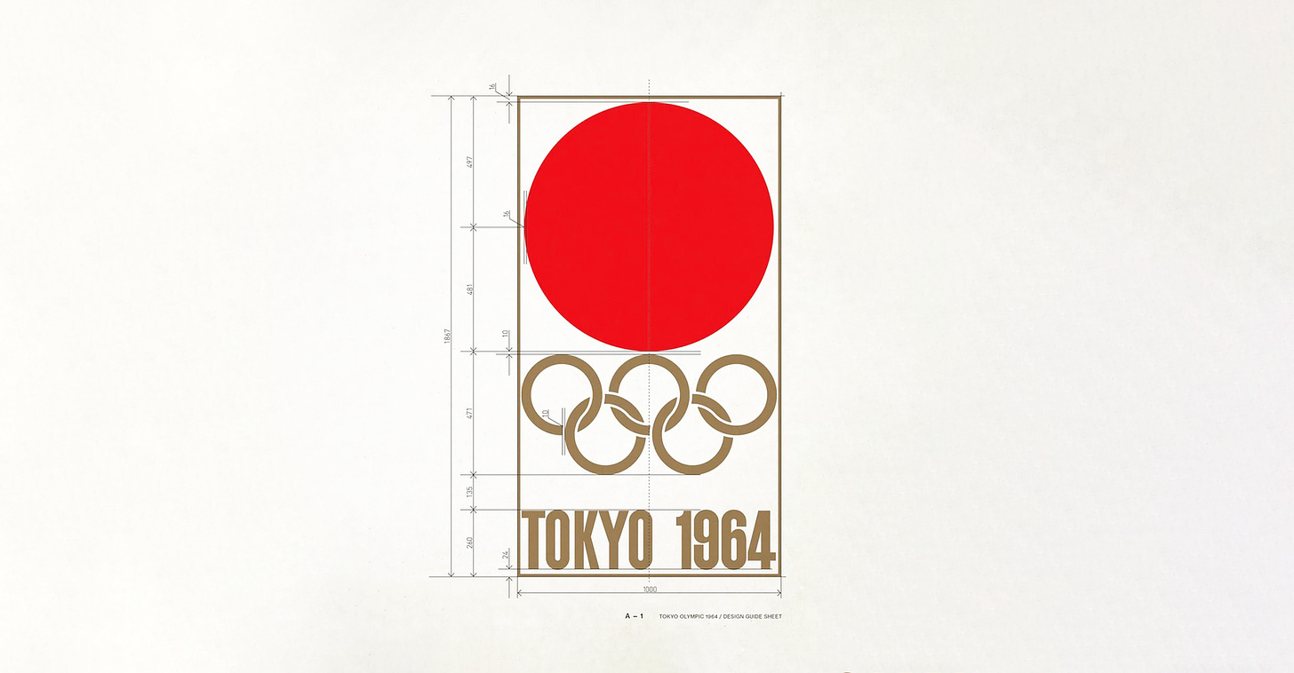 Design sketch for Toyko 1964 logo, red circle with Olympic rings below and 1964 in a bold, condensed font