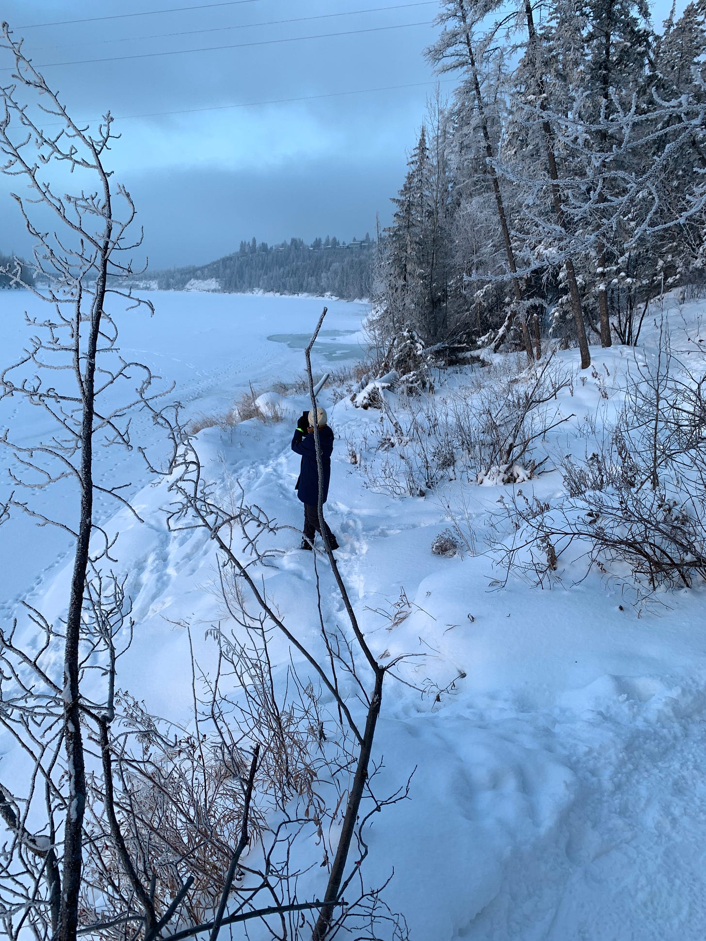 凍った川のそばにおりて散歩する著者（吉田）。雪に足跡がついている。