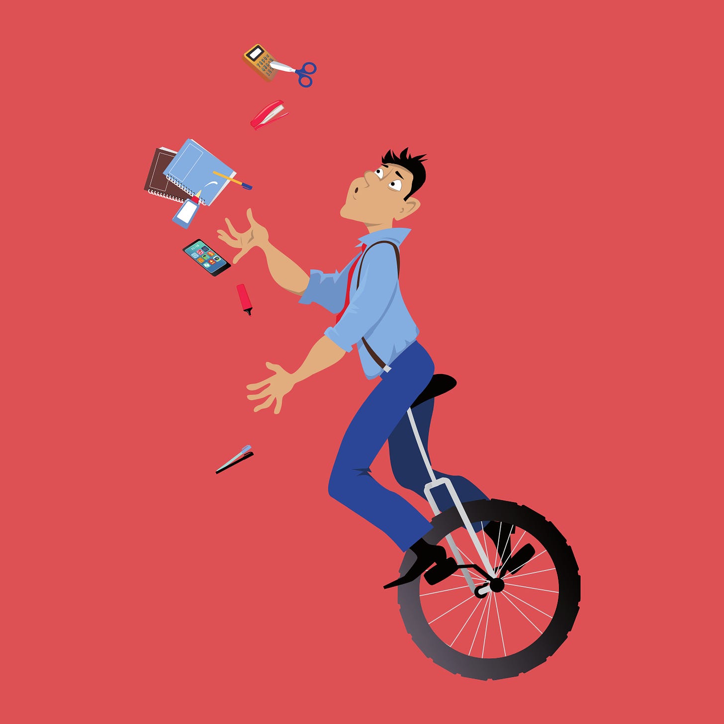 A man wearing workwear on a tricycle trying to juggle many items such as a book, phone, pen, scissors, calculator, etc