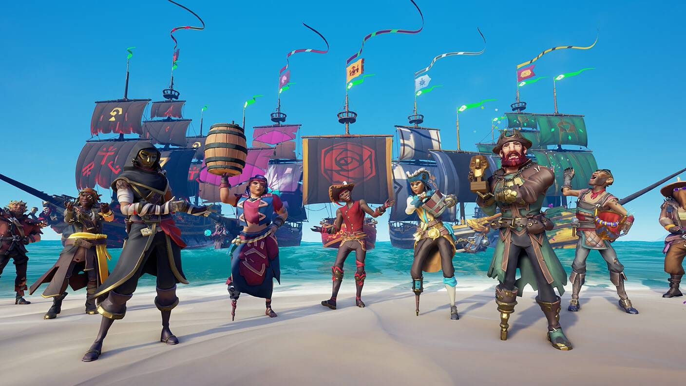 Pirates standing on the beach in Sea of Thieves