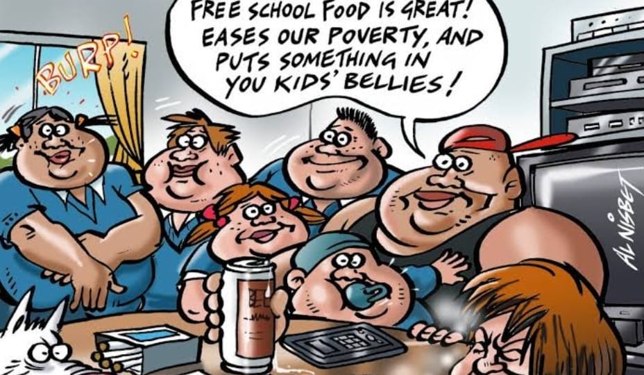 May be a cartoon of ‎text that says "‎FREE SCHOOL FOOD IS GREAT! EASES OUR POVERTY, AND PUTS SOMETHING IN yOU KIDS' BELLIES! T 3 NN Mung 1959 ه‎"‎