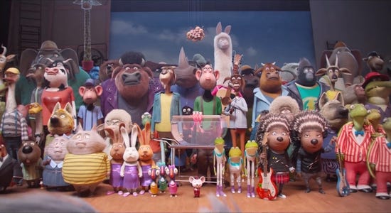 An animal kingdom of would-be singers awaits word on who makes the finals of a talent show in "Sing," a 2016 Illumination Entertainment release.
