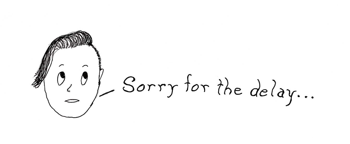 A cartoon drawing of a woman's face with the words, "Sorry for the delay ..." coming from her 