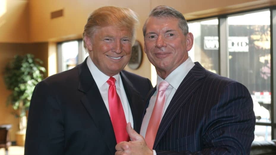 Vince McMahon (R) and Donald Trump attend a press conference about the WWE at the Austin Straubel International Airport on June 22, 2009 in Green Bay, Wisconsin.
