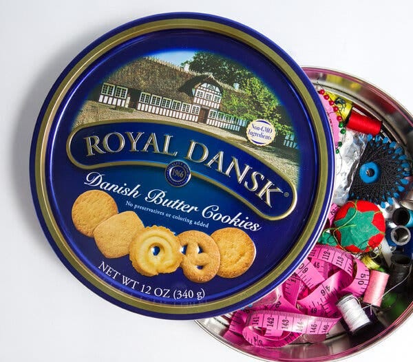 The Royal Dansk cookie tin, often used to hold sewing supplies, is just one of many store-bought food containers people love to save and apply to other purposes.