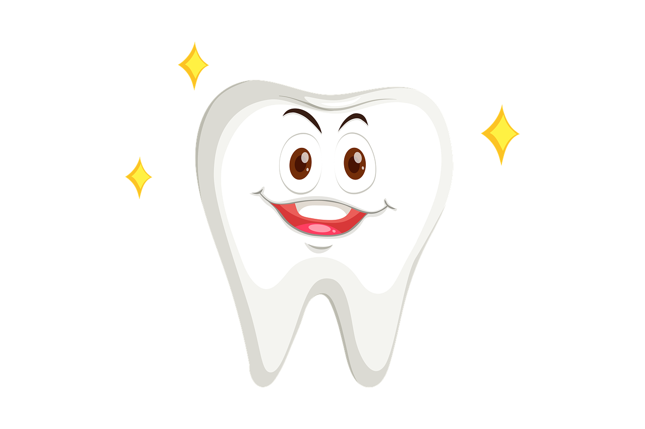 a cartoon tooth with three little yellow stars around him. the tooth is staring off into the distance, and he's smiling, and inside his smile are more teeth for some reason