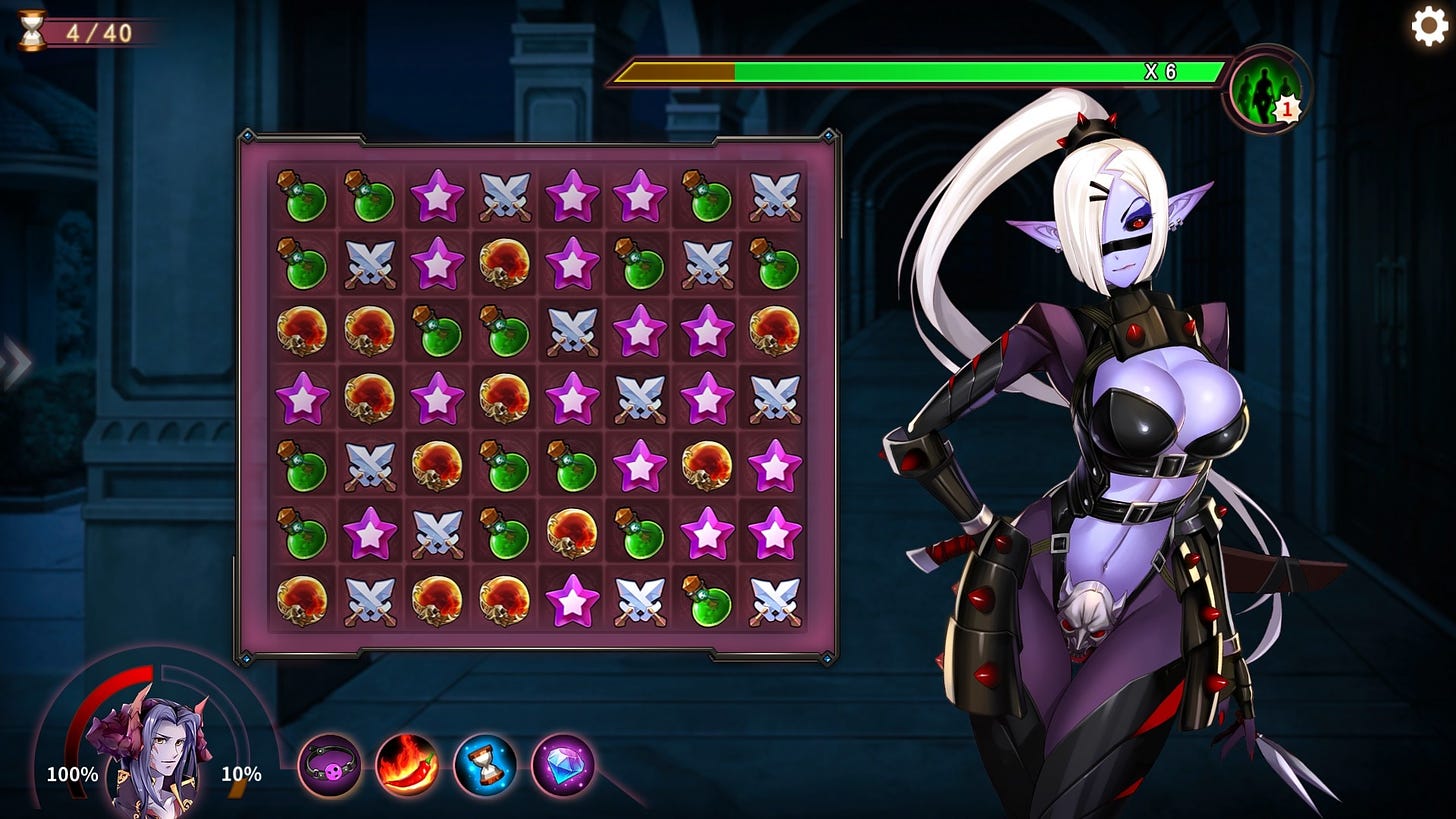 A dark elf with a scanty leather suit stands at the right of the match-3 grid