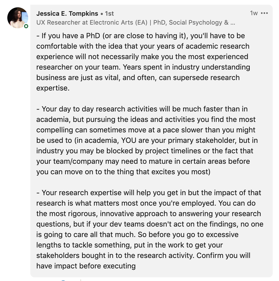 Jess's comment about games user research. Linked above