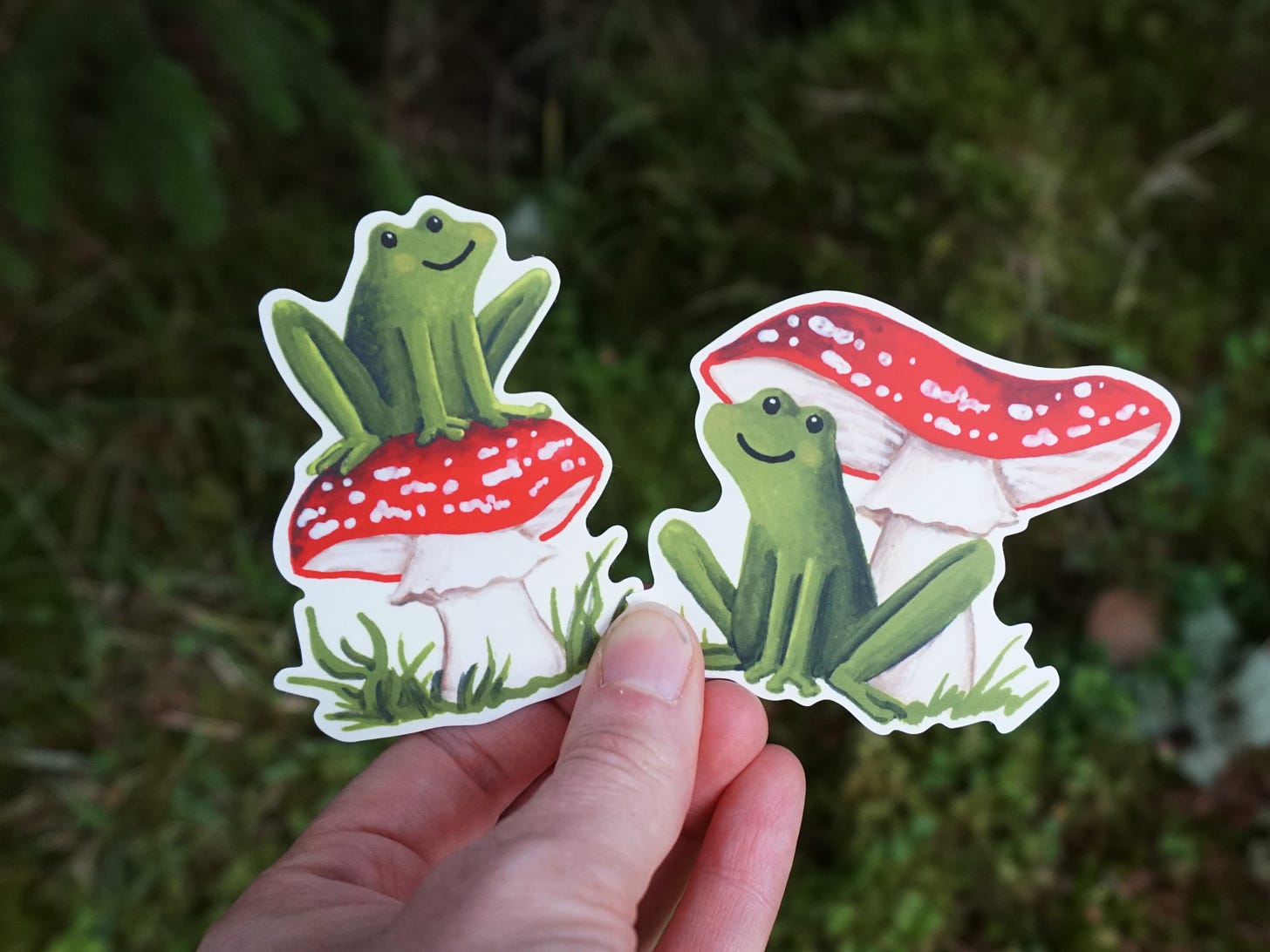 Image description: two shaped stickers of frogs, one sitting atop a red and white fly agaric mushroom, and the other sitting beneath one.