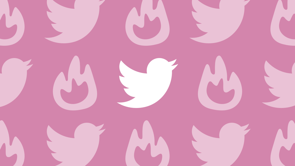 The Twitter logo surrounded by flames over a pink background