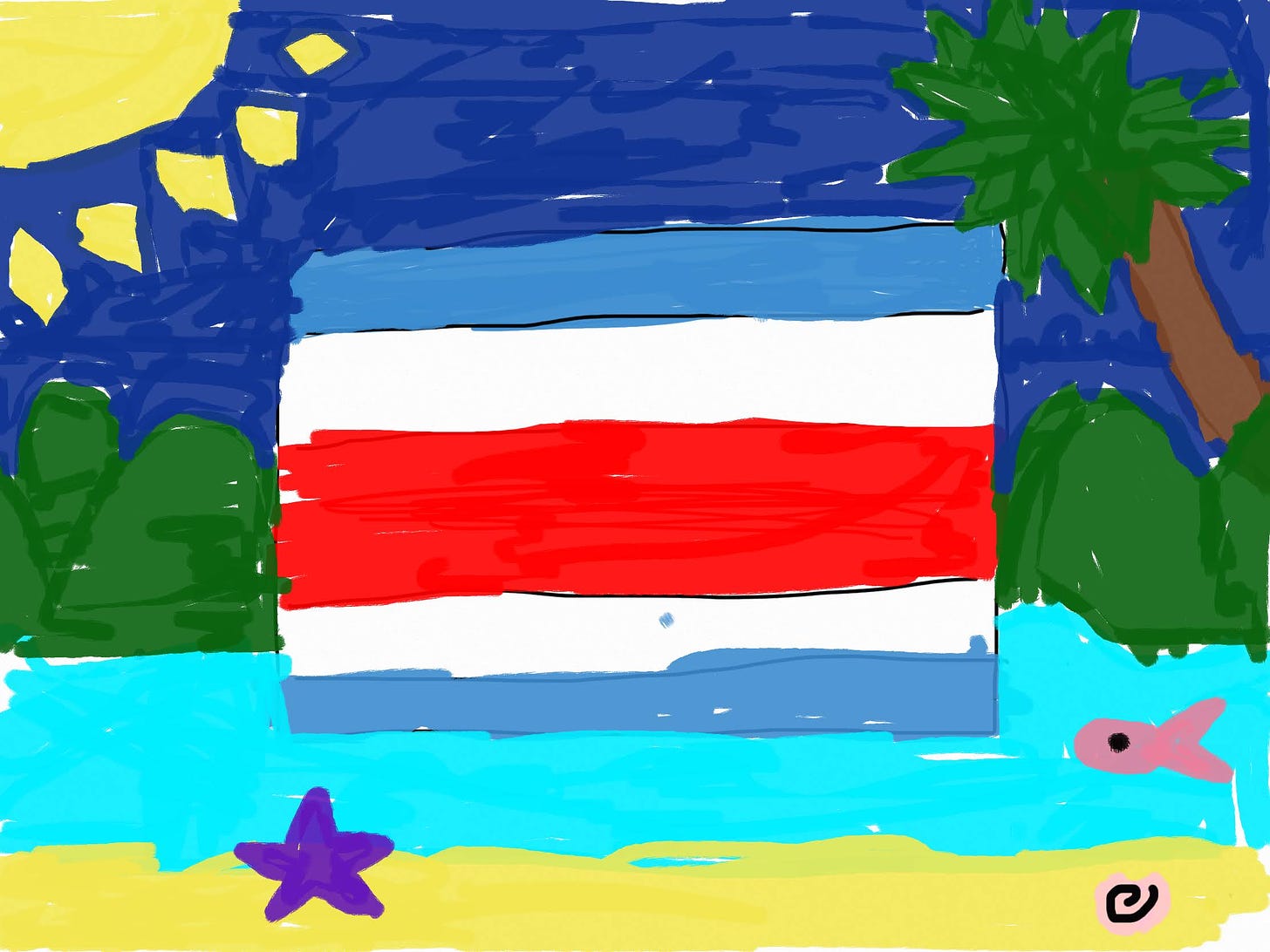 Child's illustration of Costa Rica flag with beach scene around it