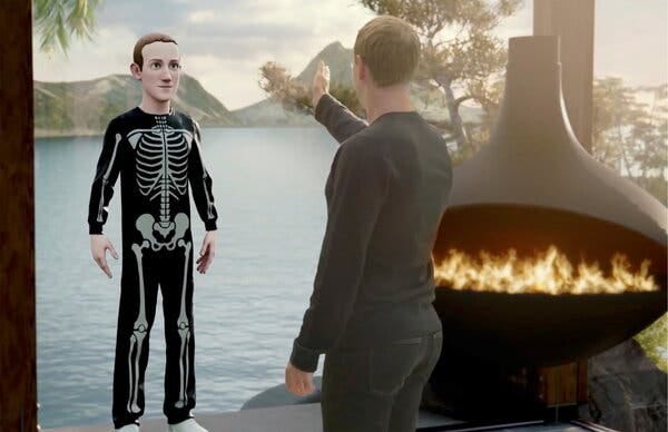 Mark Zuckerberg confronts his avatar at Facebook’s recent conference. With the introduction of the metaverse, it’s time to assess Zuckerberg not only as a corporate leader but as a cultural one.