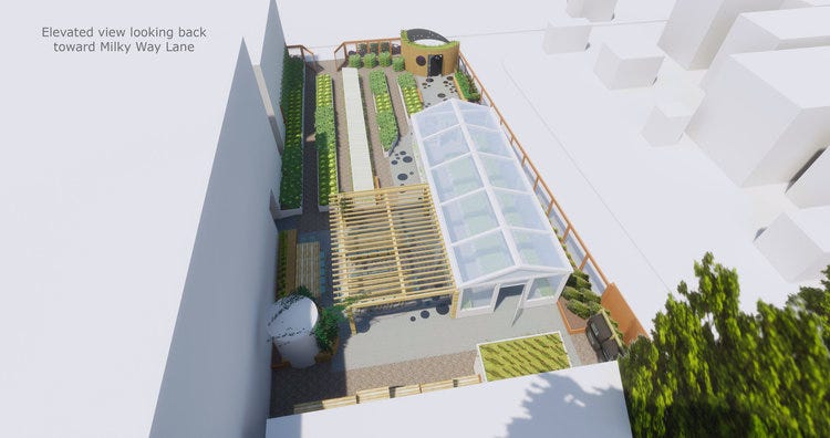 Rendering of a community garden seen from above, with garden beds, a greenhouse, and a pergola.
