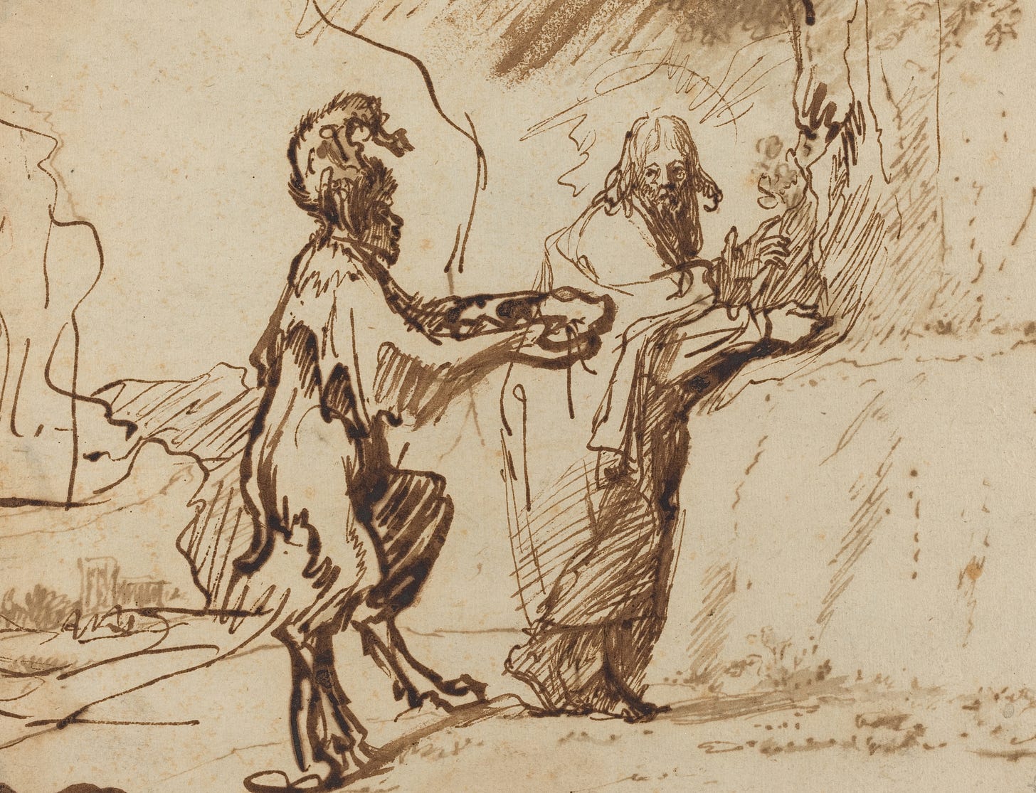 Satan Tempting Christ to Change Stones into Bread (1635-1640) by Rembrandt van Rijn