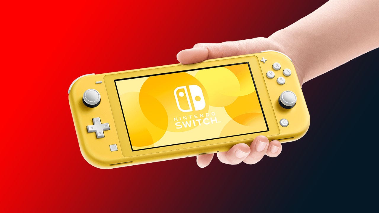 A person's hand holding a Nintendo Switch Lite