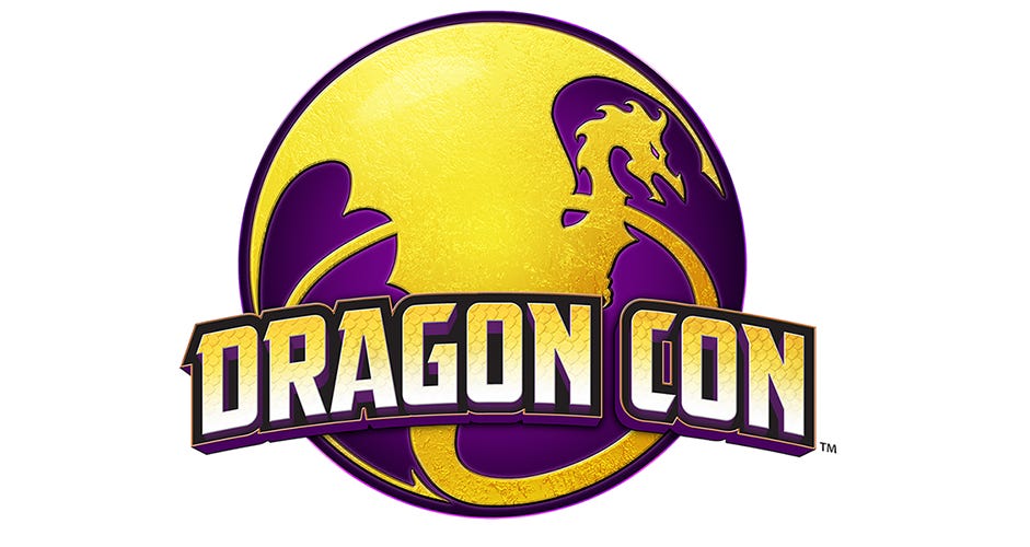 A logo of a dragon with "Dragon Con" over it in yellow text