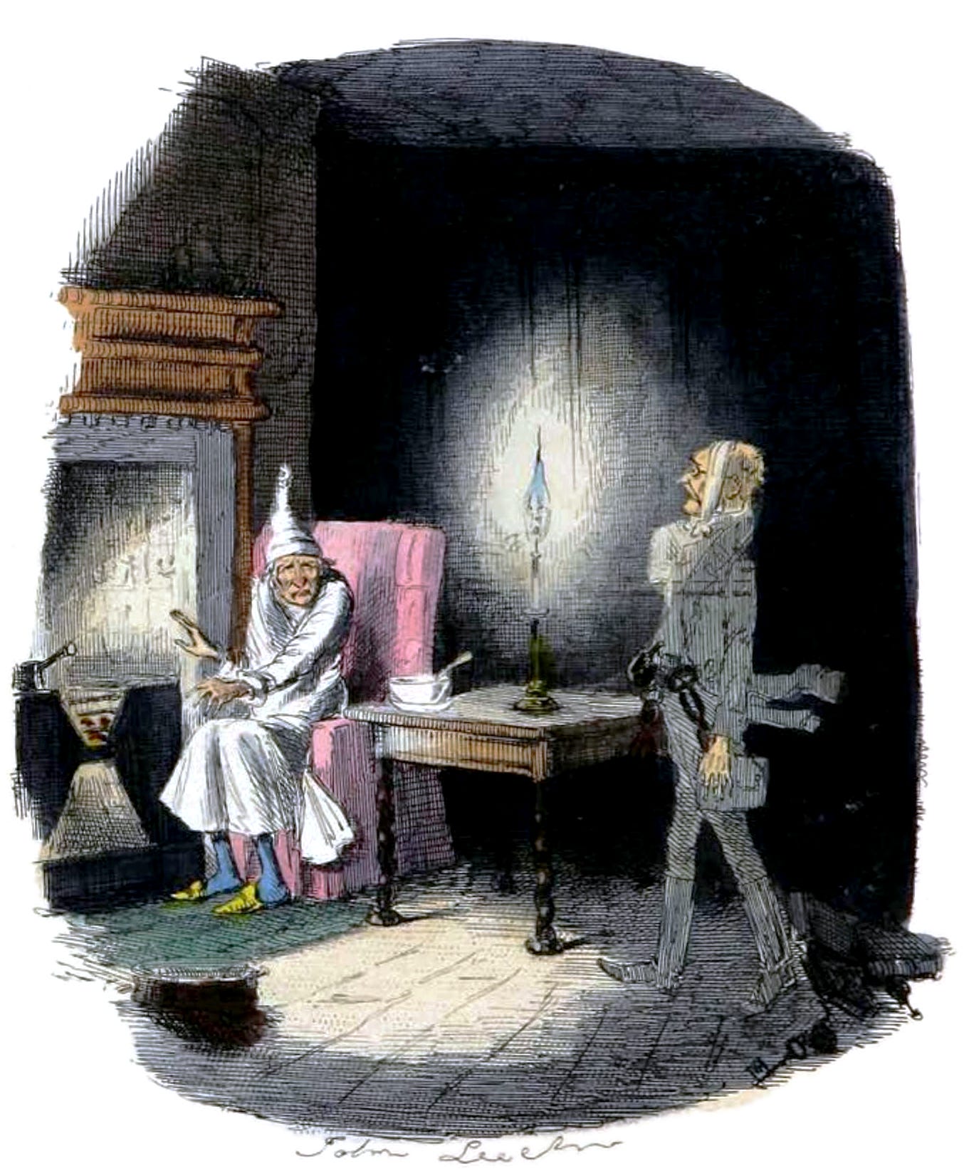Marley's ghost confronting Scrooge at his fireside