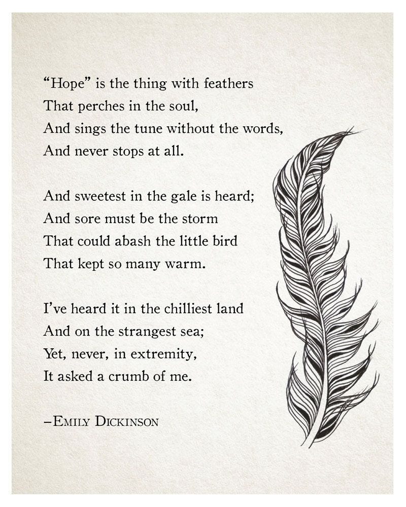 Emily Dickinson Hope is the thing with feathers poetry art, wall decor,  literary quote, poem poster, quote print, poem art, gifts for her |  Dickinson poems, Emily dickinson poems, Literary quotes