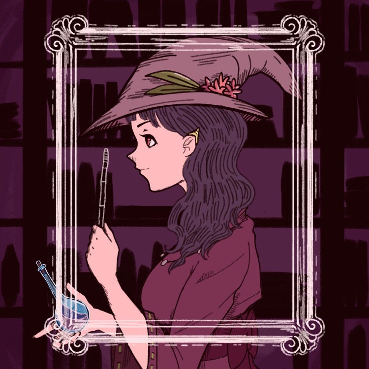 A purple-haired witch in the library.