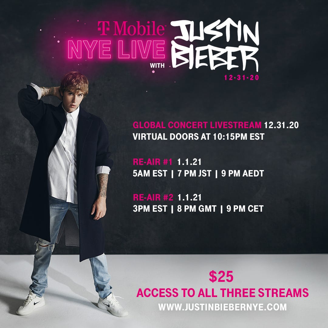 Justin Bieber Announces Additional Airings For 'Arena-Sized' New Year's  Livestream Concert Presented By T-Mobile - RESPECT.