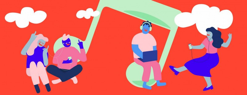 Header image from Spotify site. Two people listening on headphones, one woman dancing, and another studying on a laptop. They’re drawn like someone spilled paint on the floor and then tried to make it look human by adding eyes to it.