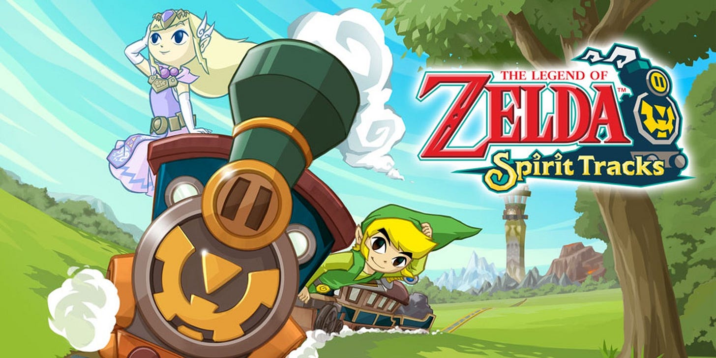 there is a steam train heading towards the camera. on one side is a princess, looking left, with blonde hair and a purple dress. on the right is a boy in a green tunic and hat. to the right is the logo for the video game The Legend of Zelda: Spirit Tracks