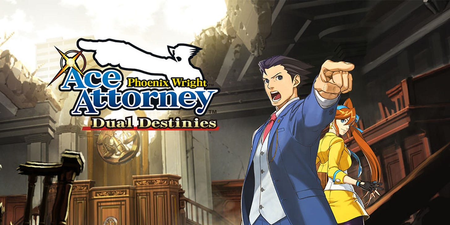 Promotional art for Dual Destinies, featuring Phoenix Wright with his signature finger point, as well as newcomer Athena Cykes