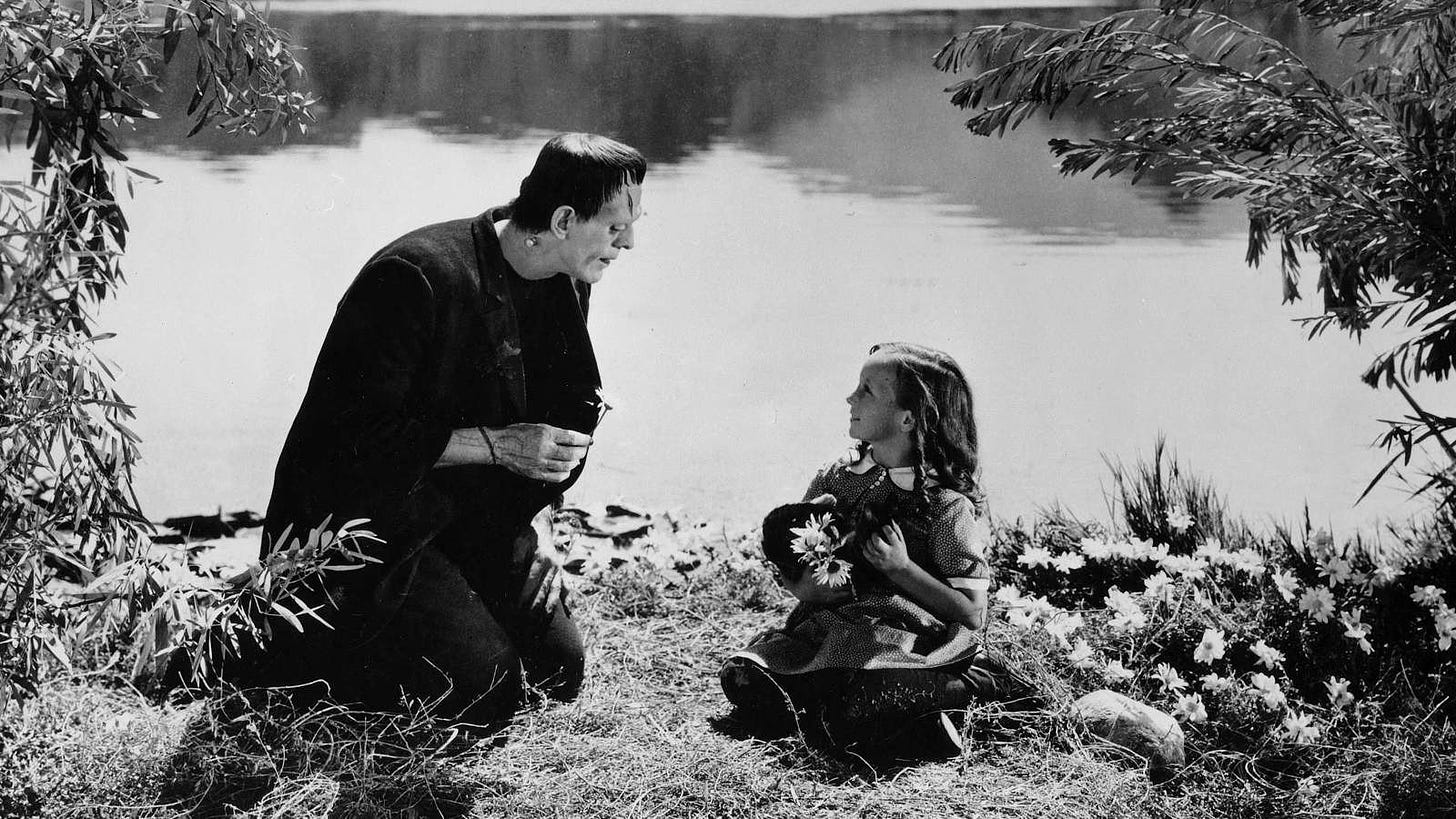 A scene from Frankenstein (J. Whale, 1931). The Creature and the girl sitting by the pond, ready to throw flowers in the water.