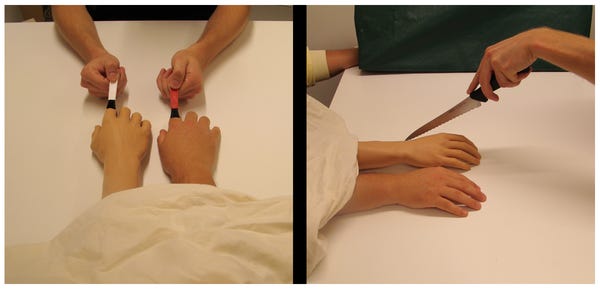 Two images of the experimental setup from the study showing the limb and the fake limb underneath a sheet getting prodded by brushes in the first photo and a knife in the second.