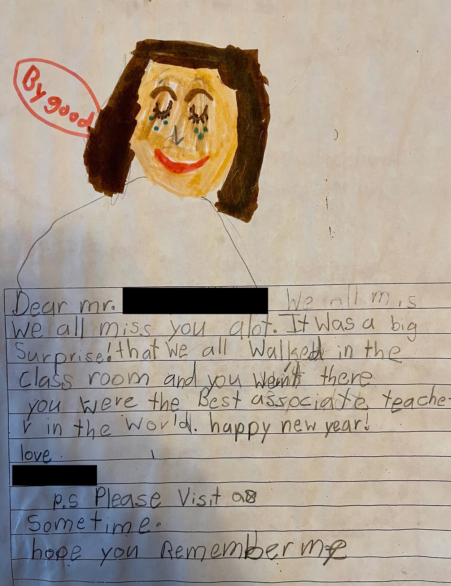 Goodbye letter and drawing from a second grader
