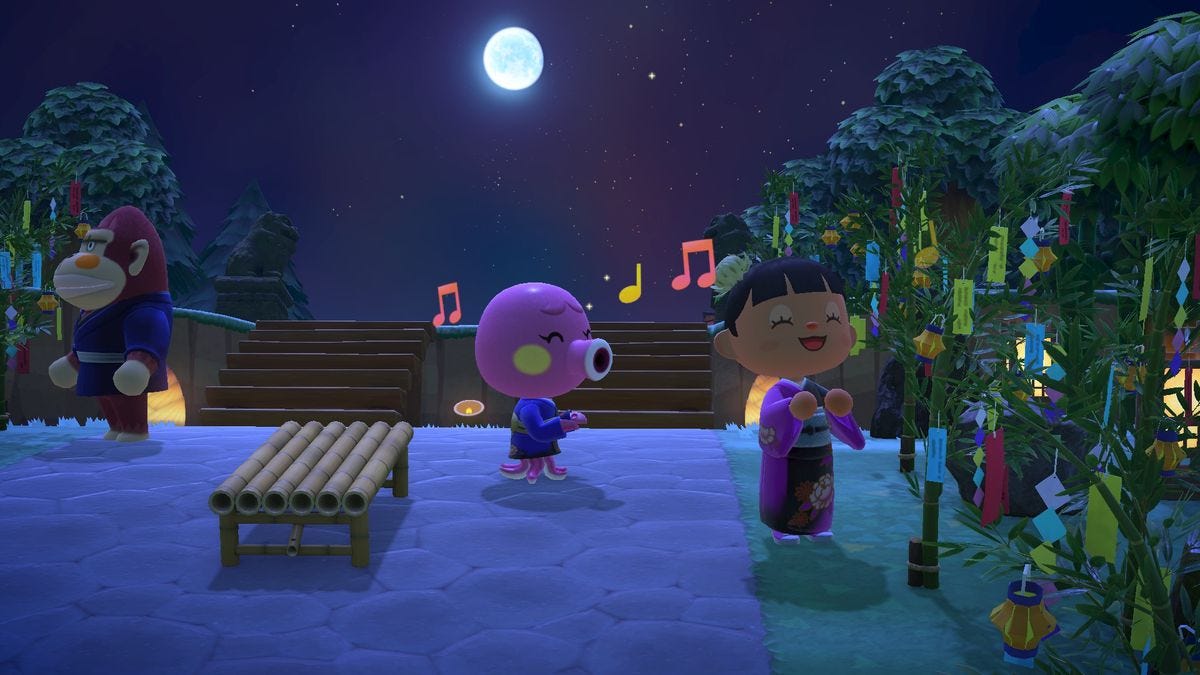 An Animal Crossing villager hangs out with a player wearing a yukata.