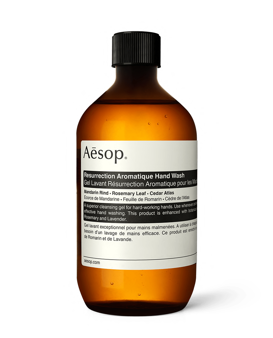 Aesop Resurrection Aromatique Hand Wash in amber bottle with screw top