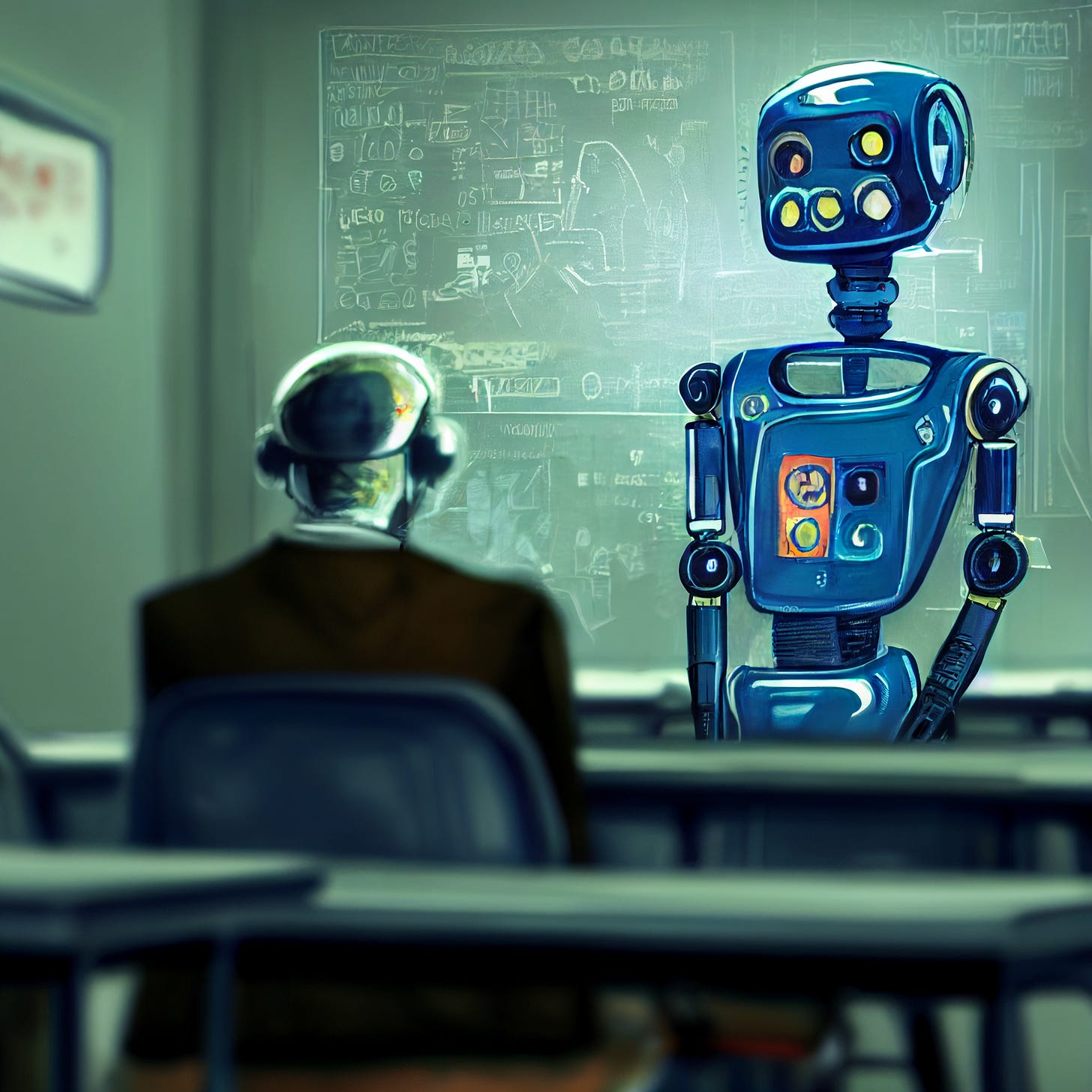 2 robots in classroom with blackboard, one standing with the other sitting in the style of student and teacher