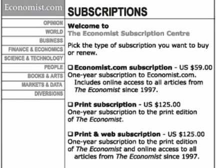 The decoy pricing example from The Economist.
