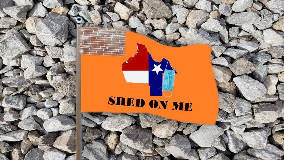 Orange flag with brick canton and state of Texas with mask hanging down