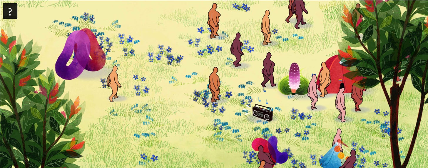 A screenshot from the interactive game We Dwell in Possibility, portraying a drawn field, several trees in the foreground, and little animated bodies walking around naked. It's pretty!