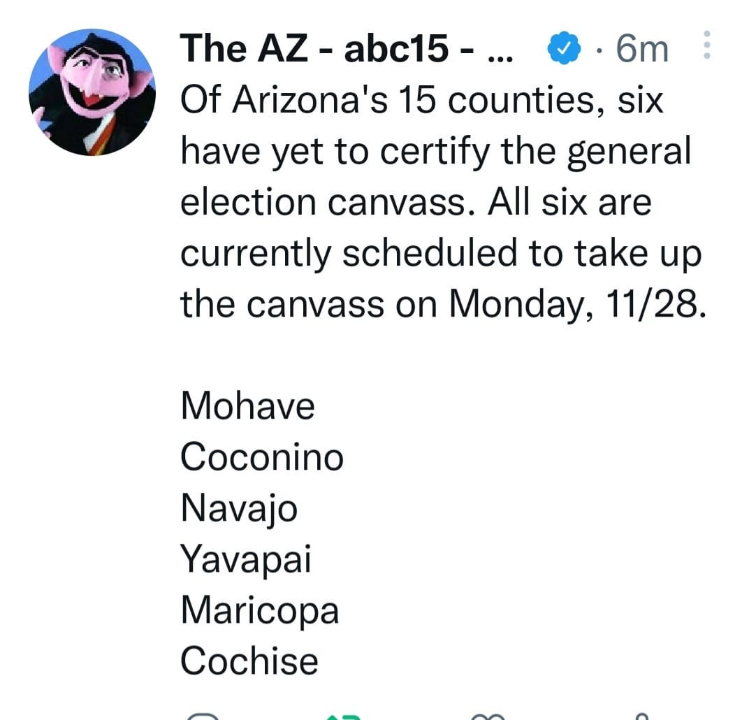 May be an image of 1 person and text that says '6m six The AZ- abc15-. Of Arizona's 15 counties, have yet to certify the general election canvass. All six are currently scheduled to take up the canvass on Monday, 11/28. Mohave Coconino Navajo Yavapai Maricopa Cochise'