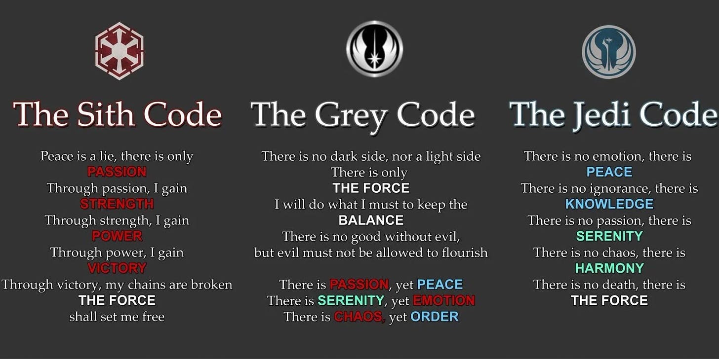 The different codes in the Star Wars universe: the Sith Code, the Grey Code, the Jedi Code.