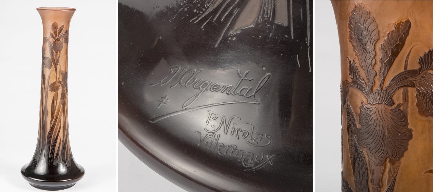Paul Nicolas, Émile Villermaux, Vase Iris, acid etching, partially wheel engraved, 60 cm H., signed P. Nicolas Villermaux D'Argental with the Cross of Lorraine, Lauritz, Cologne, 2017-07-03.