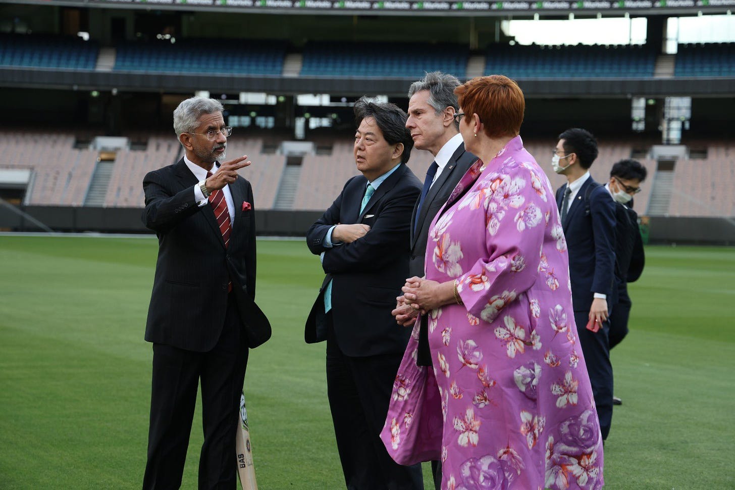 Foreign ministers of Australia, India, Japan and the United States at the Melbourne Cricket Ground on February 11, 2022. (Image: Twitter/@DrSJaishankar)