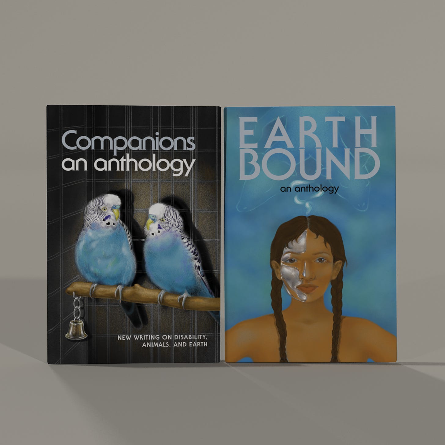 An image of the two book covers for a 2-in-1 anthology. The cover to the left is a digital painting of two parakeets sitting on a perch inside a cage. Their chests are a bright blue colour. The second cover is a digital painting of an Indingeous woman in her thirties. Her hair is in two braids and half of her face is metal. A double headed deer spirit floats above her head.