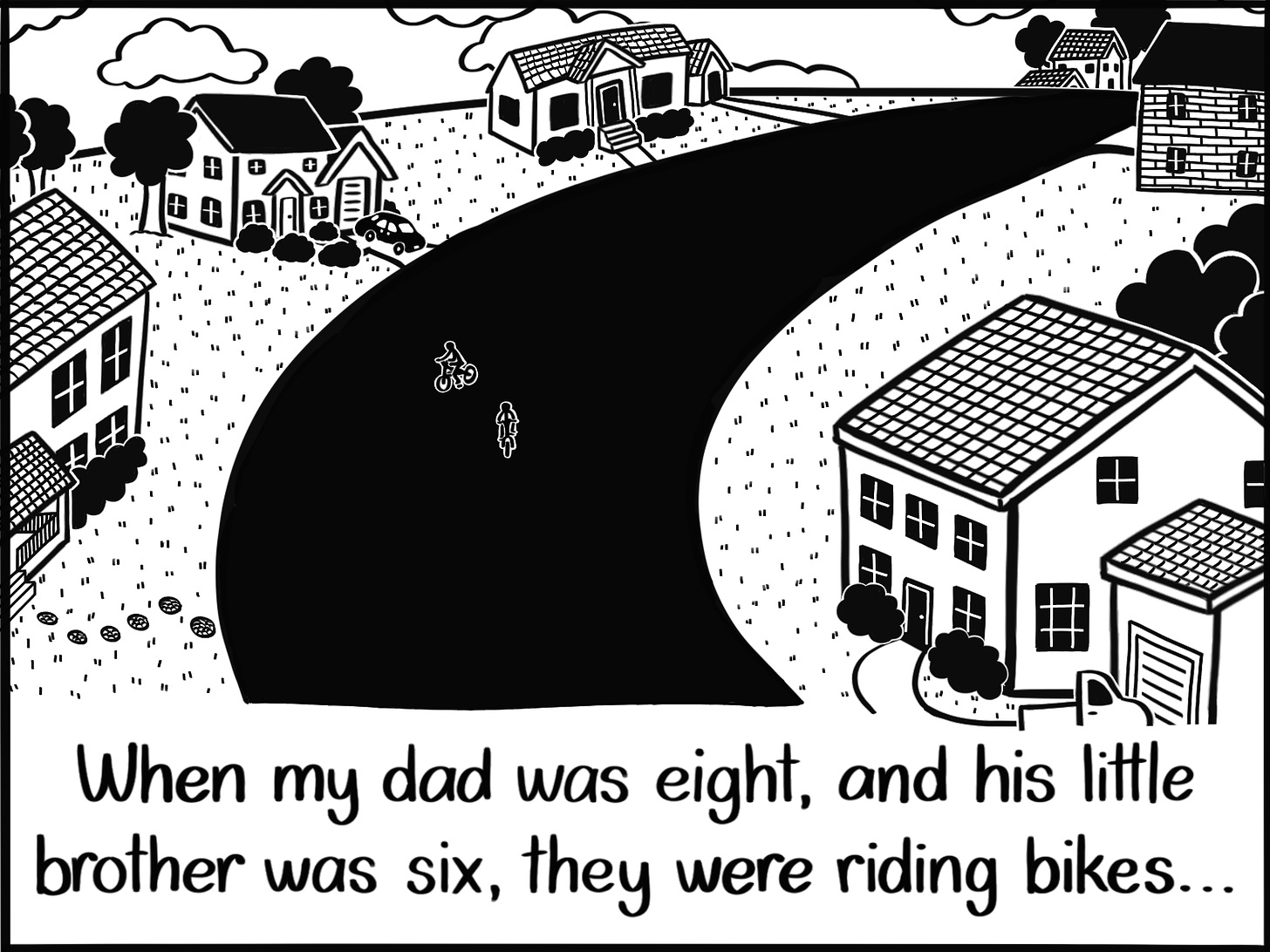 Caption: When my dad was eight, and his little brother was six, they were riding bikes... Image: A wide view of a suburban neighborhood, with two small figures on bicycles in the middle of the street.