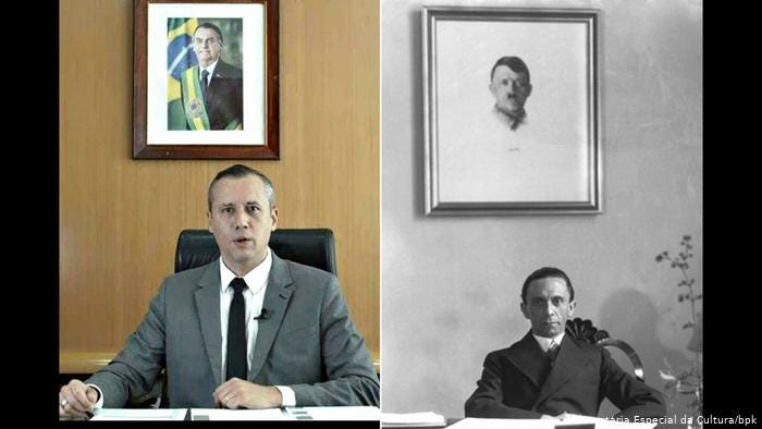 imagem da esquerda: secretário da cultura com quadro do presidente bolsonaro
imagem da direita: goebbels com quadro de hitler