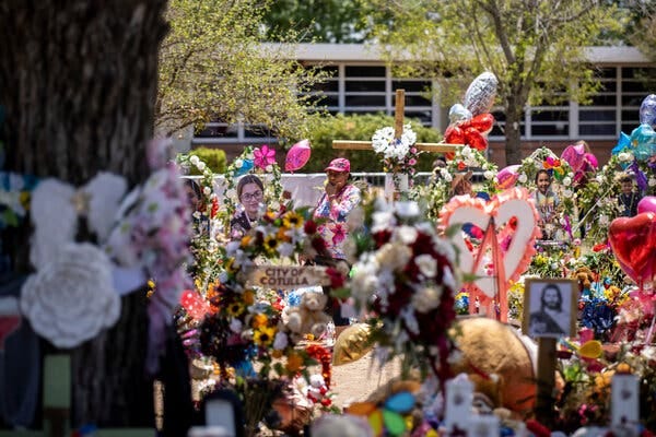 A memorial for the victims outside Robb Elementary School in Uvalde, Texas.