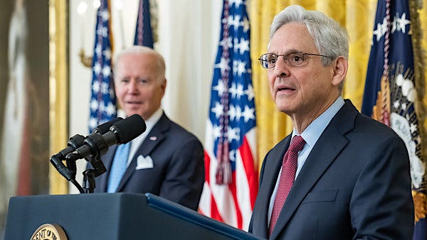 Joe Biden looks on as Attorney General Merrick Garland delivers remarks during a Medal of Valor ceremony, Monday, May 16, 2022, in the East Room of the White House. (Official White House photo by Adam Schultz)