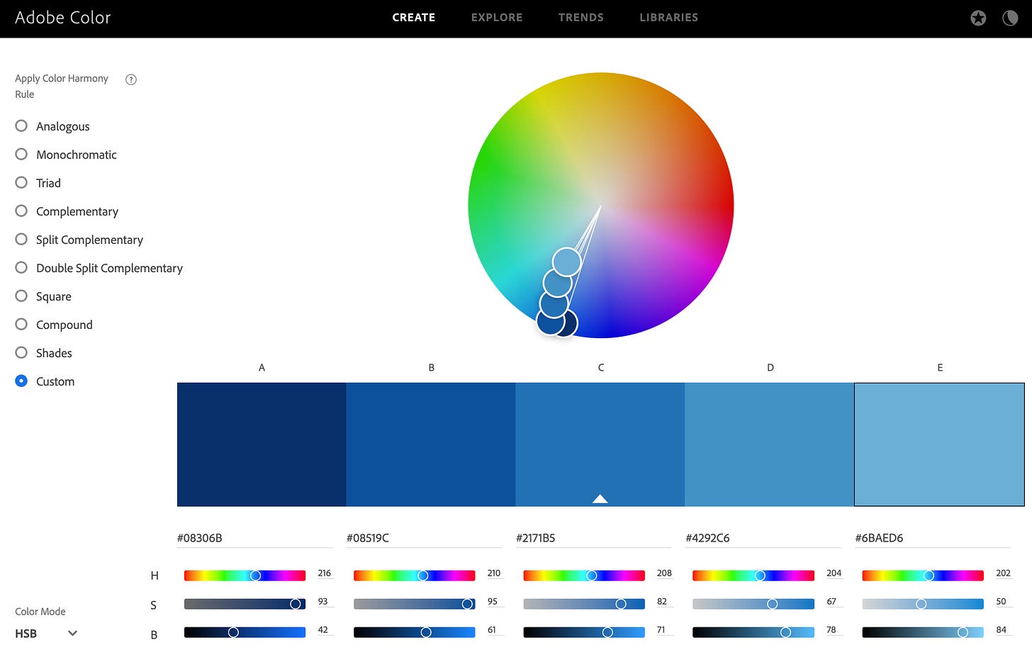 Selection of blue colours on Adobe's colour wheel page.