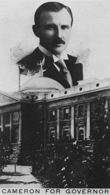 handbill for Ralph Cameron for Governor of Arizona 1912, head floating above capitol