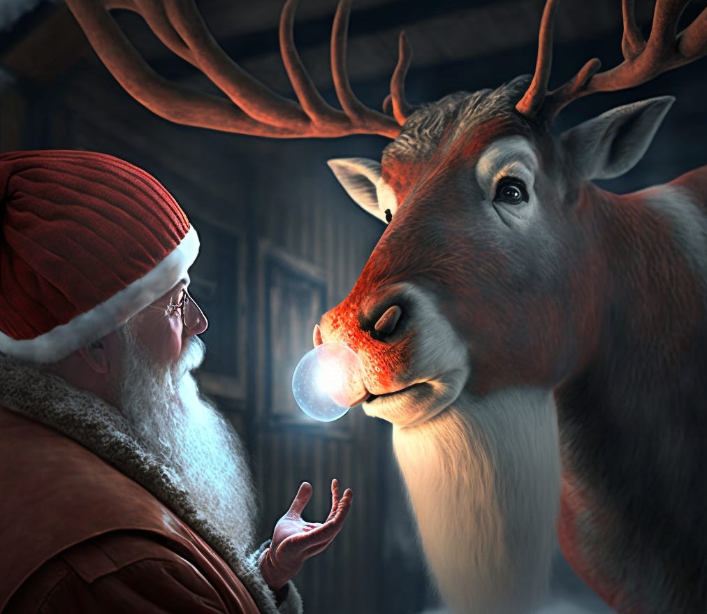 Santa Claus talking with Rudolph in the barnyard. Photo by Victor Sandiego@MidJourney